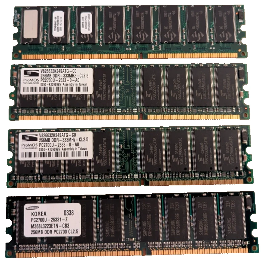 Lot of 4× 256MB DDR PC2700 RAM (1GB Total) – Samsung ProMOS Micron Infineon - Image 1 of 4
