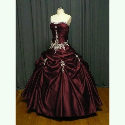 Burgundy Gothic Satin Wedding Dresses Sweetheart Ruching Gold Lace Bridal Gown - Image 1 of 4