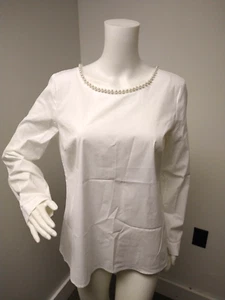 Top donna TALBOTS semi trasparente bianco brillante collo perla preppy manica lunga medio - Foto 1 di 8