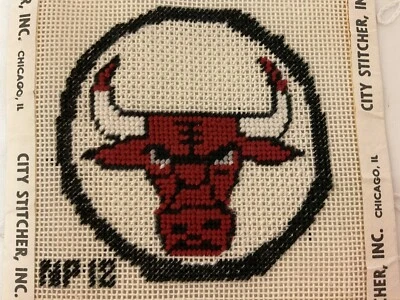 Needlepoint Canvas Completely Stitched Chicago Bulls Christmas Ornament 4 1/2" N - Image 1 of 3