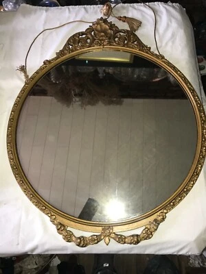 ESPEJO DE PARED ANTIGUO HOLLYWOOD REGENCY grande redondo ornamentado 3D con marco de madera dura 371/2" Foto 1 de 4