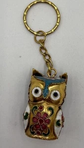 Vintage Cloisonne Owl Figurine Keychain Or Ornament Gold Face Flower Belly - Picture 1 of 4