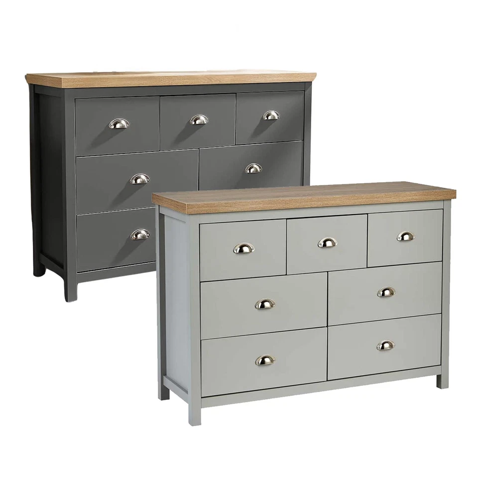 HOME SOURCE Wide 7 Drawer Chest of Drawers Grey Storage Metal Cup Handles 36mm Oak Top