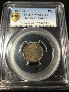 Deutschland 1877-A 1 Pfennig, KM-1, PCGS MS62BN, SELTENES DATUM - Bild 1 von 2