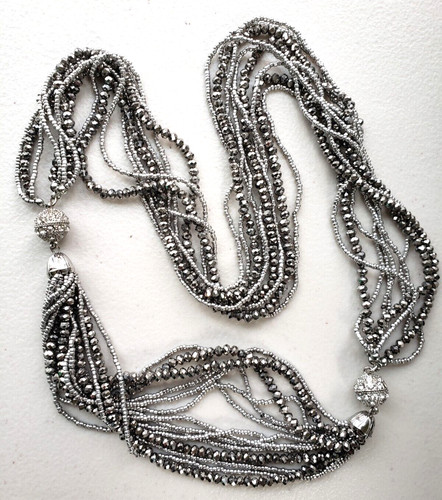 VETEMENTS Collana a strati elegante filo argento metallizzato cromo grigio strass ZA21