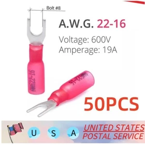 Heat Shrink Fork Connectors Crimp Fork Terminals Red 22-16AWG #8 Stud US 50PCS - Picture 1 of 6