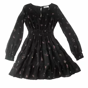 Hollister Dress XS Black Floral Chiffon Smocked Lined Tiered Sheer Sleeve - Picture 1 of 15