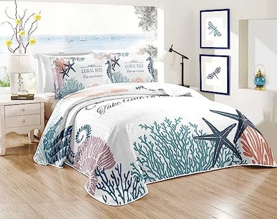 Bedding Size 2 Shams, Nautical Beach Comforter Sets Ocean King Coastal - Image 1 of 4