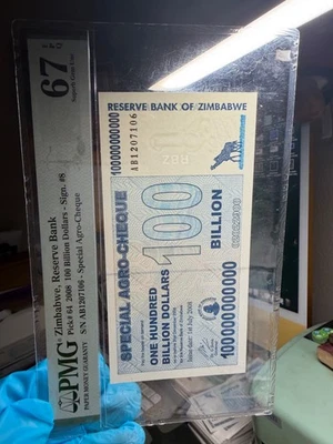 PMG Zimbabwe 100 mil millones de dólares cheque agrícola especial 2008, 67 EPQ, GEMA SIN CIRCULAR Foto 1 de 4