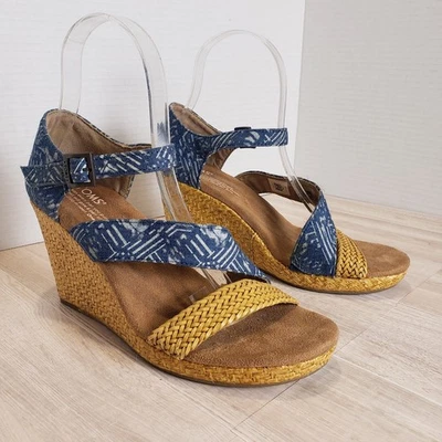 Sandalias de cuña Toms Clarissa azul amarillo corcho para mujer talla 7 con tiras punta abierta Foto 1 de 4