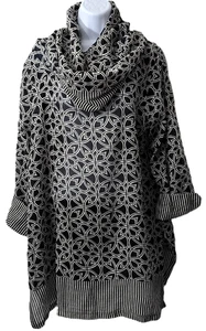 Gretchen Scott Lagenlook Tunic Top XL Cowl Neck Flip Cuff Black White Sheer - Picture 1 of 10