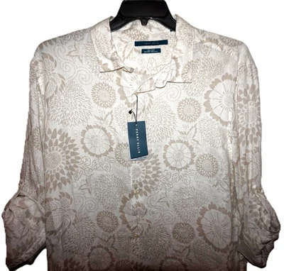 Perry Ellis Long Sleeve Linen Shirt Tall 2XLT White Geometric Design "Untucked" - Image 1 of 4