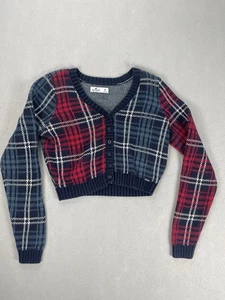 Hollister Women's Cardigan Medium Blue Red Plaid Cropped Button Up Sweater - Picture 1 of 8