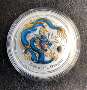 2012 Australian Lunar Year Of The Dragon 1 Ounce Silver Colourised Bullion Coin - Picture 1 of 2