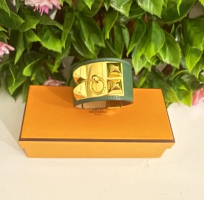 Authentischer Hermes Collier de Chien T Stempel grün/GD Armreif Armband mit Box NS080058 - Bild 1 von 4