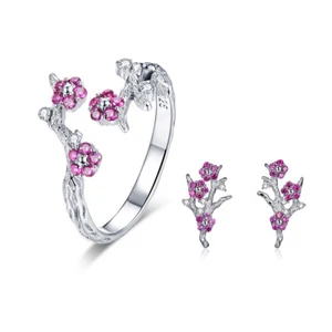 Voroco Nuevo Anillo Colgante de Plata Esterlina 925 con Flor y Pendientes Dije para Mujer - Imagen 1 de 3