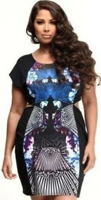 Baby Phat 3X Kaleidoscope Jewel Tone Panel Dress Cut Out Sides Blue Slimming - Image 1 of 3