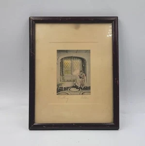 Antique 'Knitting' Hand Colored Tint Photo Framed Print Signed Villar - Picture 1 of 10