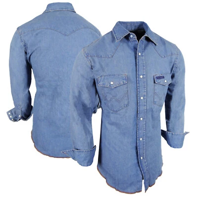 Denim Shirt Blue Wash Cotton Mens Western Snap Pocket Flaps Contrast Stitching - Image 1 of 4