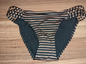 Xhilaration Juniors' Strappy Hipster Bikini Bottom Black Metallic Gold Stripe S - Picture 1 of 3