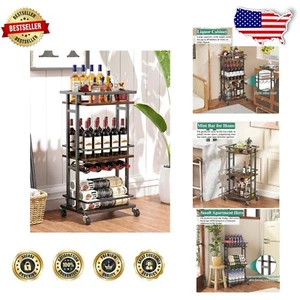 Stylish 4-Tier Rustic Liquor Cabinet with Wine Rack & Rolling Cart Convenience - Picture 1 of 11