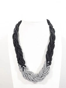 Beachy Boho Western Black Gray Glass Bead Braided Multi Strand Bold necklace 21" - Picture 1 of 10