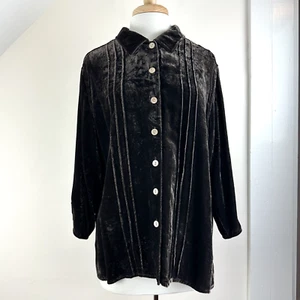 J.Jill Women's L Gray-Brown Rayon Velvet Blouse, Collared Button Front, Pintucks - Bild 1 von 12