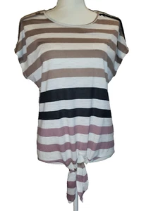 Lavish Womens Medium Short Sleeve Striped, Round Neck, Tie Front Blouse Brown - Picture 1 of 13