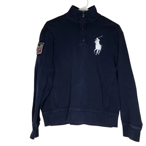 Vintage Ralph Lauren Sweat Shirt Big Pony Ski Patch Medium Dark Blue Quarter Zip - Picture 1 of 6