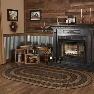 VHC Black Tan Eco-Friendly Jute Primitive Country Oval Braided Rug W/Pad - Picture 1 of 6