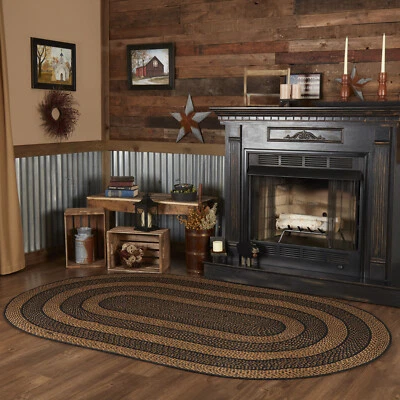 VHC Black Tan Eco-Friendly Jute Primitive Country Oval Braided Rug - Image 1 of 4