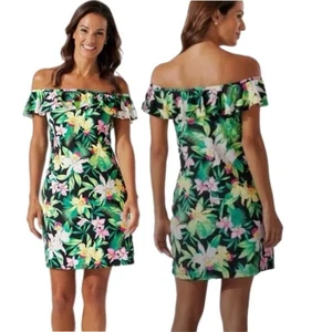 Tommy Bahama Nuevo con Etiquetas Vestido Orquídea Grado Volantes Hombro Descubierto Tropical Floral Vestido S - Imagen 1 de 9
