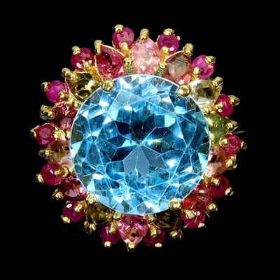 Anillo de plata de ley 925 ovalado topacio azul cielo 14x11 mm turmalina piedras preciosas tamaño 9 Foto 1 de 4