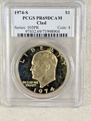 1974-S Eisenhower Silver $1 PCGS MS69 DCam Clad #3P11 - Image 1 of 2