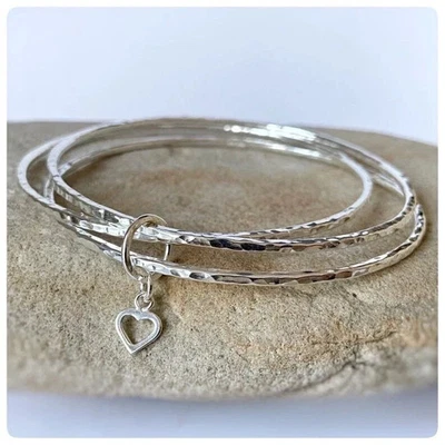 925 Sterling Silver Bangle With Heart Bracelet, Stacking Bangle for beauty - Image 1 of 4