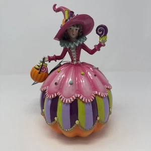Stravagante statuina caramelle zucca ragazza strega Halloween rosa macabro 9,5" - Foto 1 di 7