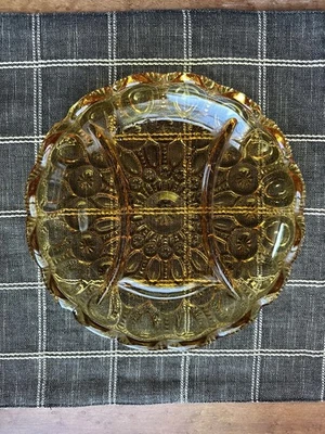 Vintage L.E. Smith Moon And Stars Amber Glass Divided Relish Tray - image 1 of 4