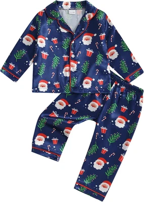 Conjunto de pijama para niños bebé niña seda árbol de Navidad coche estampado botón camisa tops pantalones Foto 1 de 4