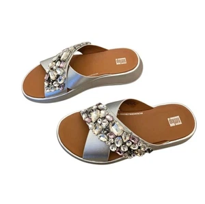 Fitflop Size 8.5 F-MODE Jewel Deluxe Metallic Leather Flatform Cross Slides - Picture 1 of 7