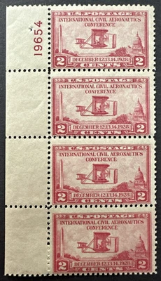 US 1928 Sc# 649 Plate # Strip of 4 MNH Aeronautics Conference: Wright Brothers - Image 1 of 2