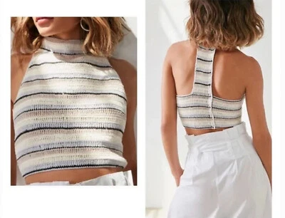Anthropologie Ecote Crochet Cropped Halter Striped Knit Sukie Tank Top Sz M - Image 1 of 4