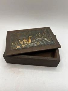 Hand Hammered Copper Lidded small Box -Swan and cattails design- dovetailed - Picture 1 of 8