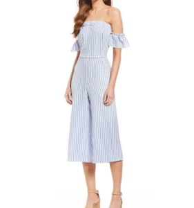 Gibson & Latimer Jumpsuit Womens Large Striped Blue White Off Shoulder Nautical - Picture 1 of 8