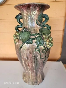 VINTAGE MAJOLICA VASE w/THREE DIMENSIONAL GRAPE and GRAPE VINE LEAVES, 18"x10" - Picture 1 of 6