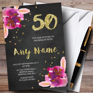 Chalk Gold Confetti Pink Flowers 50th Personalised Birthday Party Invitations - Picture 1 of 1