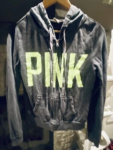 FELPA ROSA VICTORIA SECRET DONNA XS GRIGIA CON CAPPUCCIO E ZIP - Foto 1 di 2