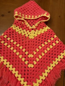Homemade Girls crocheted Poncho In A Beautiful Pink And Yellow - Picture 1 of 13