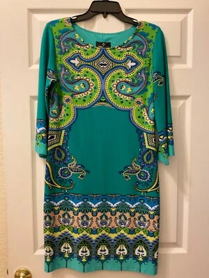 Vestido Ronni Nicole Verde Azul Patrón Mangas 3/4 Forrado Para Mujer Talla 8P Usado en Excelente Condición Foto 1 de 4