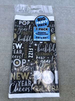 New Year's Eve Table Cover 3 Pack. Black, Silver, Gold. 54”x84”. - Image 1 of 4