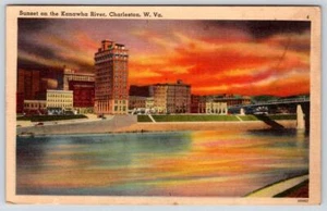 Postal de lino 1953 Charleston West Virginia WV Sunset on the Kanawha River - Imagen 1 de 2